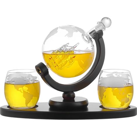 (Ensemble de 2 verres amélioré) Carafe à whisky globe de 850 ml avec 2 verres globe gravés - Convient pour les spiritueux, le scotch, le bourbon et la vodka. Idée cadeau pour homme. Accessoires de bar (1/5)
