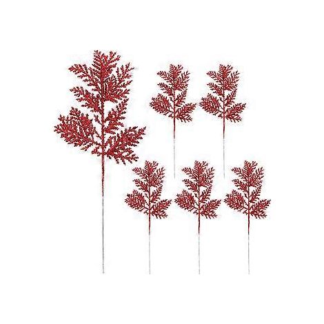 Lot de 6 fausses plantes artificielles pour décoration de fête, branches de pin artificielles (32 x 13 cm, rouge)