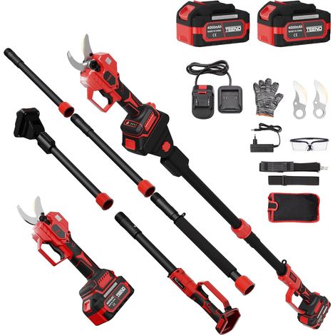 TEENO Sécateur Électrique Avec Perche 21V, Coupe 50 mm, 2-en-1 Secateur Electrique Sans Fil Télescopique, Portée Totale 4.3 m, 2 x 4,0Ah Batteries, Câble de Prolongation 1.05m, Jardin/Arbres/Fleurs (1/5)