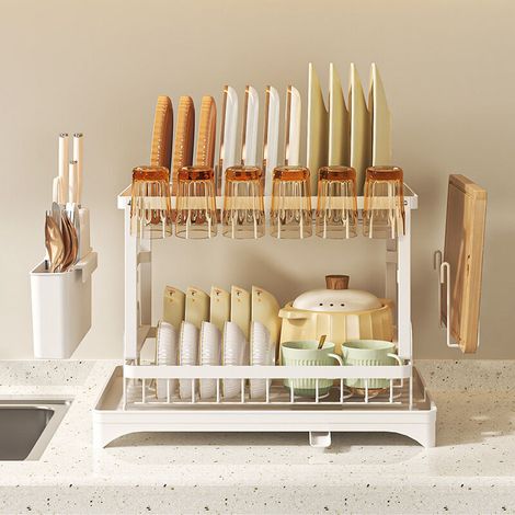 Égouttoir à vaisselle blanc double couche 46,8 x 26,7 x 42 cm, support de rangement multifonction avec porte-gobelet et porte-baguettes, 1 pièce
