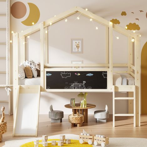 Lit mezzanine 90x200 cm design grenier avec échelle de sécurité et toboggan, tableau ardoise, lit multifonction en bois massif, lit simple surélevé, teinte bois naturel. (1/5)