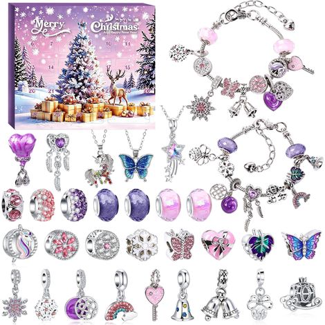 Calendrier de l’Avent 31 cases avec bijoux et accessoires, coffret cadeau de Noël violet et rose, motif renne, surprise quotidienne pour filles