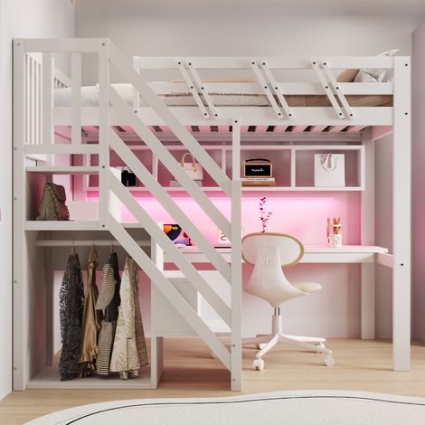 Lit Élevé 90x200cm - Avec Bureau, LED & Étagères - Pour Enfant, Ado, Chambre - Blanc (1/5)
