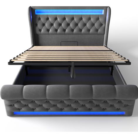 Letto contenitore matrimoniale 140x200 cm in velluto grigio con LED, USB e USB-C (1/5)