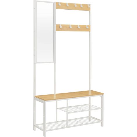 Meuble d’Entrée, Porte-Manteau, Vestiaire, avec Crochets, Miroir, Banc à Chaussures et Étagères, 36 x 98 x 185 cm, pour Entrée, Couloir, Chambre, Salon, Couleur Chêne et Blanc HSR050W09 (1/5)