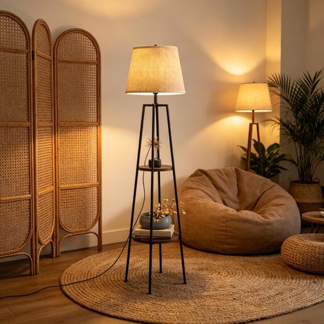 Moderne Stehlampe mit 2 integrierten Regalen, Dreibein, 42 x 42 x 166 cm, schwarz/braun OKMYHOME (1/5)