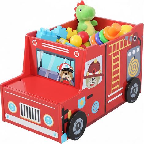 Relaxdays caja de juguetes diseño bombero habitación infantil, 34 x 60 x 32 cm, con compartimento secreto, MDF, rojo