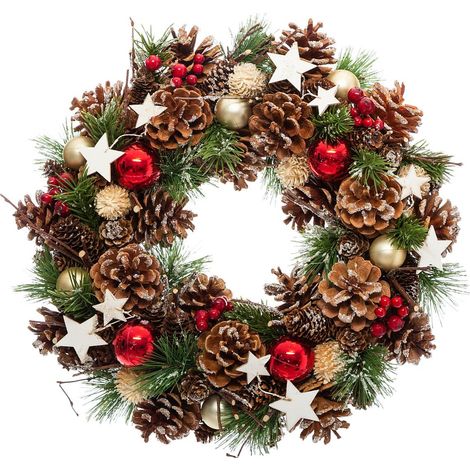 Atmosphera – Couronne de Noël 35 cm en houx et pommes de pin – Décoration multicolore pour intérieur et extérieur – Cordelette en jute incluse