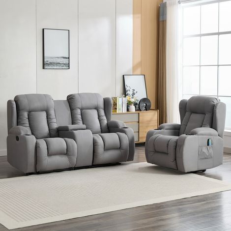 CAESAR 1+2 SEATER GREY TECHNOLOGY FABRIC MODERN MANUAL RECLINER SOFA SET w DRINKS CONSOLE (1/5)