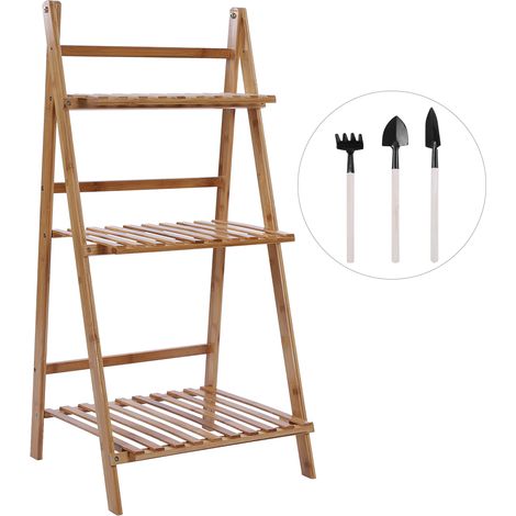 Étagère pliante en bambou 3 niveaux pour plantes grasses, support de pots de fleurs d'extérieur pour balcon, étagère de rangement en bois naturel. (1/5)