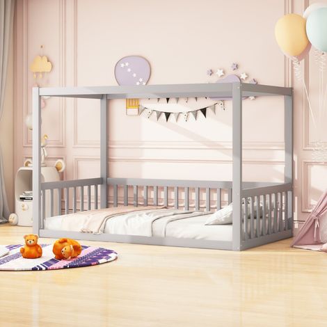 Lit à baldaquin 90x200 en bois massif - Structure grise pour enfant et ado, cadre durable et design raffiné,Lit Simple ,Lit enfant(sans Matelas) (1/5)