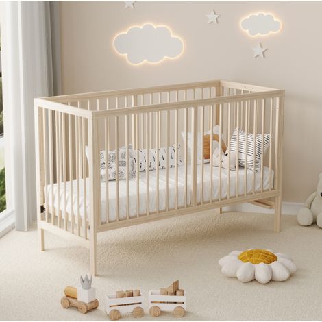 Lit bébé en bois massif naturel 120x60x90 cm, hauteur réglable, convertible en cododo et bureau (1/5)