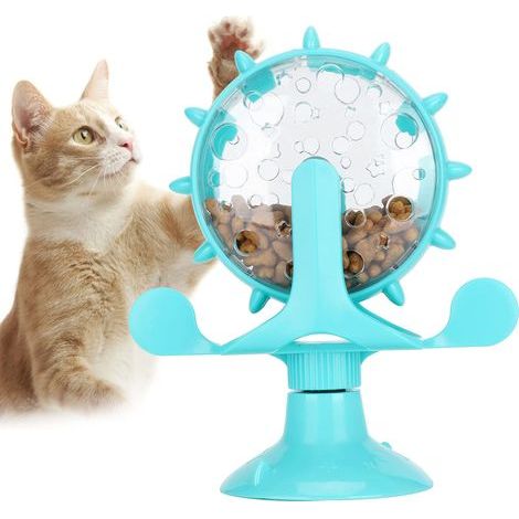 Distibuteu Inteactif de Fiandises pou Chat, Jouet D'entaînement pou Animaux de Compagnie, Moulin à Vent pou Chat, Jouet pou Chien, Moulin à Vent otatif à 360°, Jouets à Ventouse(Bleu) (1/5)