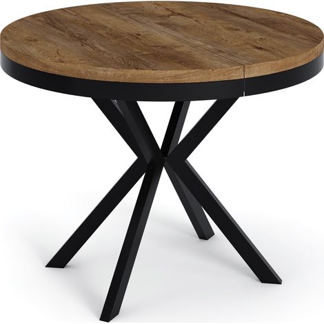 Runder Ausziehbarer Esstisch - Loft Style Tisch mit Metallbeinen - 90 bis 170 cm - Industrieller Tisch für Wohnzimmer - Kompakt - 90 cm - Lefkas Eiche