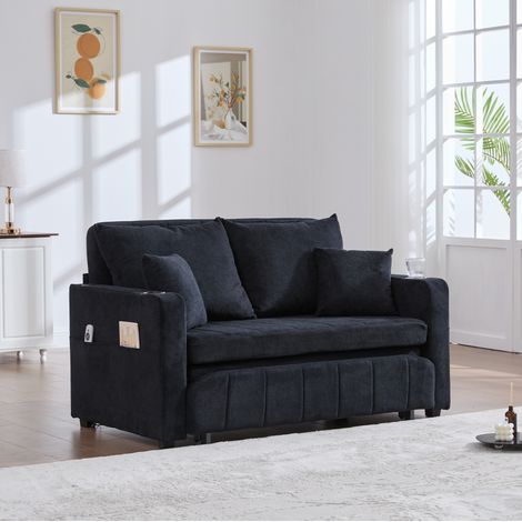 Divano letto in chenille nero 139x83x58 cm con tasche laterali portaoggetti (1/5)