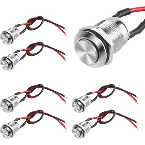 6 Pcs Momentané Bouton-Poussoir Étanche en Acier Inoxydable,Bouton-Poussoir de 12mm Ronds avec Fil pour Voiture PC Lampe de Table (Tête Haute) (1/5)