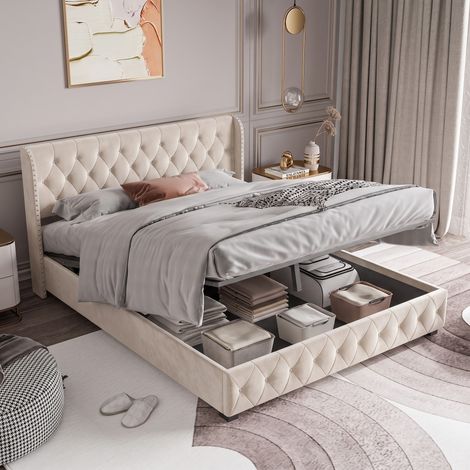 Letto 140x190 - Letto contenitore 140x190 cm con rete - Letto matrimoniale imbottito in velluto con capitonné e borchie - Beige (1/5)