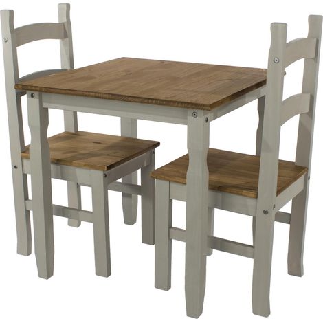 Dining Set With Grey Solid Waxed Pine Square Table & 2 Matching Dining Chairs (1/2)