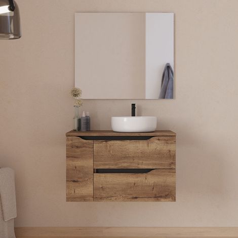 Meuble de salle de bain 80cm avec plateau, vasque à poser déportée à droite Ares et miroir - 2 tiroirs et un placard - tabaco (bois foncé) - ZARZA
