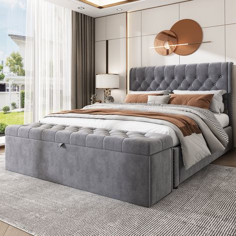 Upholstered bed,Double Bed-4ft6(135x190cm),with Upholstered Bench(135 x 41 x 42 cm), with Hydraulic Lever, Functional Storage Bed, Rivet Decoration,Linen,Grey (1/5)