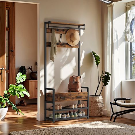 Porte-Manteau avec Banc et Rangement pour Chaussures, 30 x 80,4 x 181,6 cm, Marron et Noir (1/5)