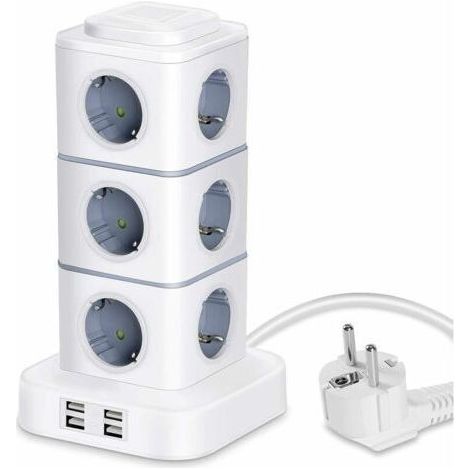 Tour Multiprise, 12 Prises Multiprise Electrique (2500W / 10A) avec 4 Ports USB, Multi Prises électriques Parafoudre Multiprise Verticale pour Maison Bureau, Rallonge 3M (1/5)