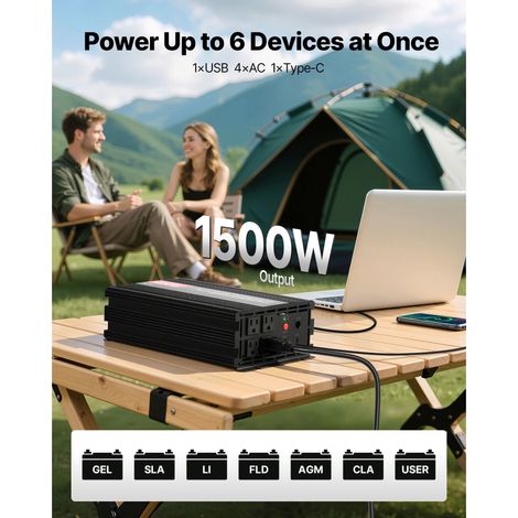 Onduleur pur sinus 1500W 12V DC 230V AC, transfo chargeur voiture avec télécommande, ports USB Type-C, 2 prises AC, charge rapide camping car camion (1/5)