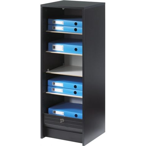 Beaux Meubles Pas Chers – Classeur à rideau noir H103 cm – Structure en panneaux de particules mélaminés – 4 tablettes réglables – Fermeture à clé (1/4)