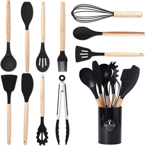 12 Ensemble Ustensiles de Cuisine Silicone,Manche en bois en silicone,Résistants à Chaleur et Antiadhésifs,pour Tous Batteries de Cuisine (Noir) (1/5)