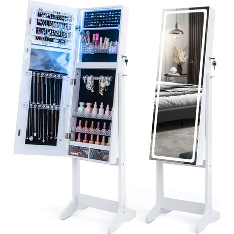 Mobile portagioielli indipendente con specchio a figura intera 41 x 38,5 x 151 cm spazio di archiviazione ottimizzato design moderno in MDF bianco 200010380