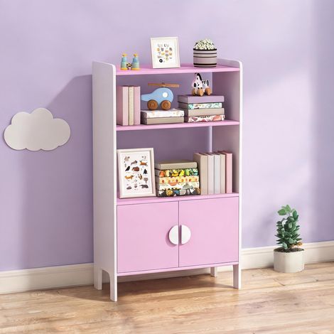 MDF Bibliothèque enfant 100 cm 2 étagères 2 portes anti-bascule (1/5)