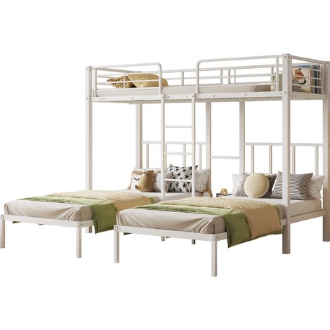 Lit superposé triple métal blanc 90x200 cm (x3) avec échelle, garde-corps et tablette, 227x205,5x170 cm (1/5)