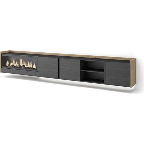 Skraut Home - Mueble TV, Televisión, Muebles de salón, almacenaje, 315x35x50cm, Para TV hasta 80", Chimenea eléctrica XXL, Colgado, Suspendido, LED, Estilo Moderno, Negro y roble (1/5)