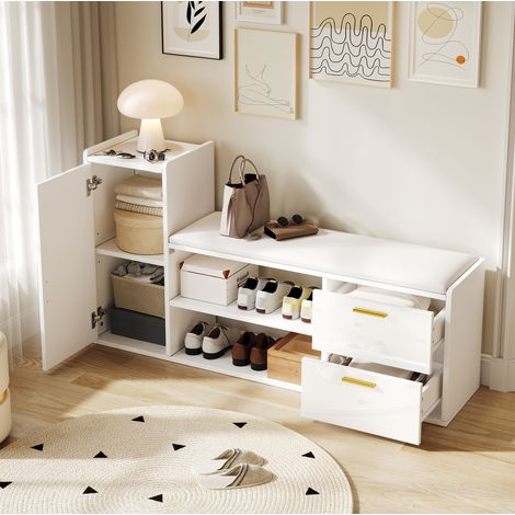 Mobile portascarpe 128 x 30 x 68 cm con 2 cassetti, 1 armadietto, seduta imbottita, bianco HAVRYA (1/5)