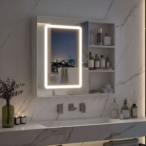 Armoire de Salle de Bain avec Miroir et Éclairage LED, Meuble Mural de Rangement pour Salle de Bain, avec Porte,Étagère à 3 Niveaux,Blanc,60x60x15 cm (1/5)