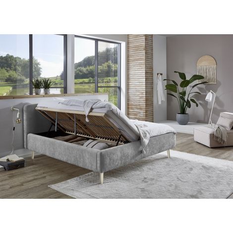 Meise Möbel Stauraumbett Mattis 180x200 cm Doppelbett Bettkasten & Lattenrost (Federholzrahmen) Strukturstoff Grau Holzfuß sandfarbig (1/5)
