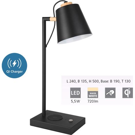 Eglo 900626 Tischleuchte LACEY-QI Stahl schwarz, creme LED 5,5W 3000K L:24cm B:13.5cm H:50cm mit Touchdimmer und QI Charger (1/5)