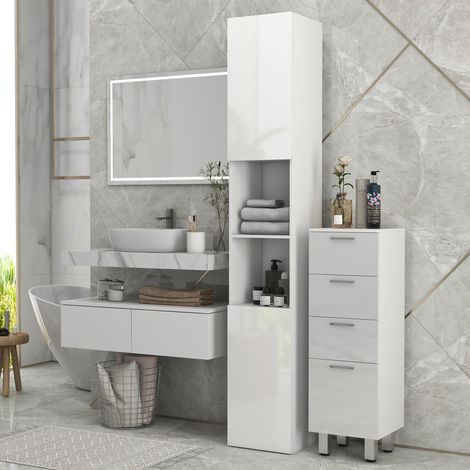 Badezimmer-Säulenschrank mit 2 Schränken mit verstellbaren Einlegeböden + 2 Nischen, 30 x 30 x 181,5 cm, weiß
