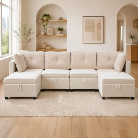 Divano modulare a U da 6 moduli con contenitore, convertibile in L o chaise longue, velluto beige (1/5)