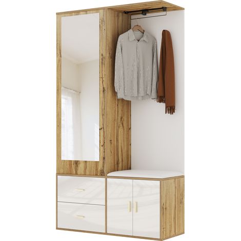 Mueble recibidor compacto con espejo, banco zapatero acolchado, 2 ganchos, barra colgante extraíble y cajón, en blanco brillo y madera clara, ideal para entrada - CHICFURN (1/5)