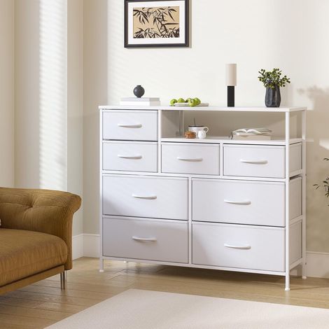 Kommode mit 11 Schubladen, Stoffkommode mit Metallrahmen und MDF-Holzplatte, verstellbare Füße, Kippsicherung, Aufbewahrungsschrank für Schlafzimmer, Wohnzimmer, Kleiderschrank, Weiß (1/5)