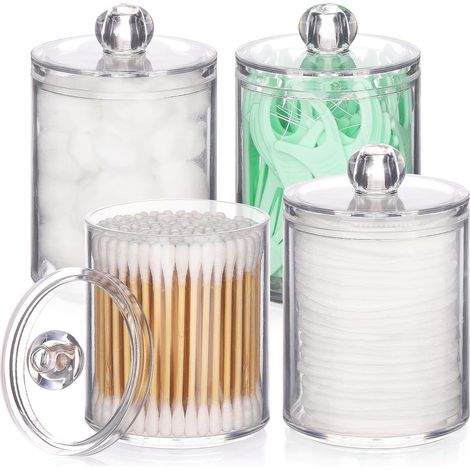 Support Pour Cotons-Tiges - Bocal En Plastique Transparent Avec Couvercle - Pour Cotons-Tiges Cotons Ronds Dentifrice Et Petits Objets - Lot De 4 (1/5)