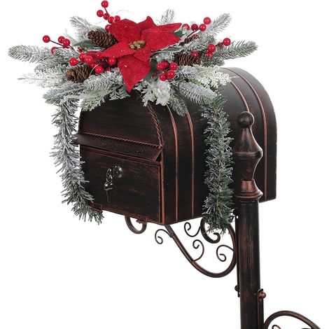 (Rotes, beflocktes Blumenmuster) Weihnachtliche Briefkastendekoration mit Lichtern, dekorativer Kranz für den Briefkasten (1/3)