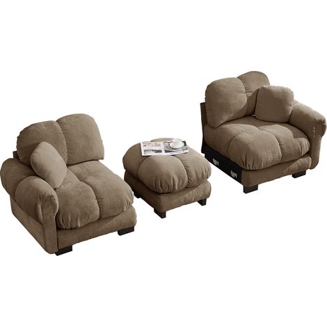 Divano Angolare Modulare 2 Posti in Chenille, Cuscini Trapuntati, Pouf Mobile, Marrone (1/5)