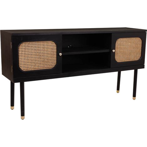 Aparador de madera y rejilla de bambú con dos puertas negro 152.5x38x81