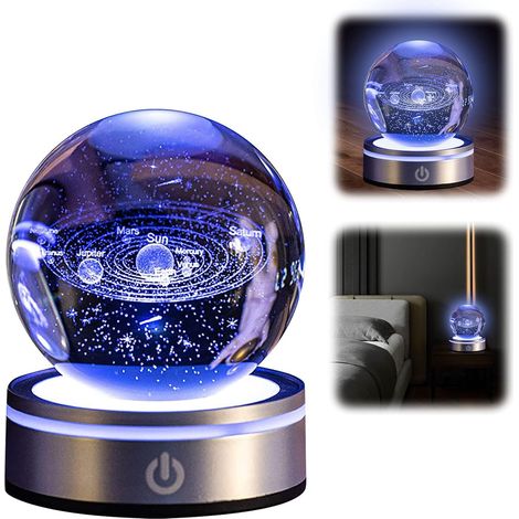 Boule Cristal 3D Système Solaire, 6 Couleurs Changeantes 3,15 inch Cristal Modèle de Planète avec LED Light Up Base, Astronomie pour Amis, Couples (1/5)