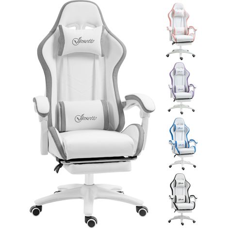 Vinsetto Computer Gaming Chair, PU Leather Office Desk Chair with Footrest, Swivel Wheels, 135° Reclining Back, Lumbar Support, Headrest for Home, White and Grey