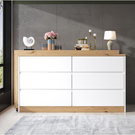 Bureau multifonction pivotant 120 x 50 cm avec 6 tiroirs, chêne blanc, roulettes verrouillables (1/5)