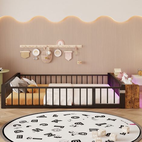 Cadre de lit en fer 140x200 cm, sommier métallique sans matelas, barre de sécurité incluse, tiroirs de rangement et bande lumineuse LED, noir