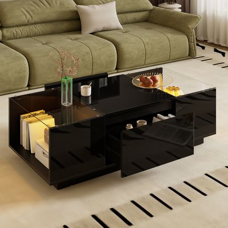 Table basse noire en panneaux de particules et verre, 105 cm, LED et 2 tiroirs (1/5)